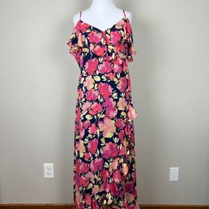 London Times Maxi Dress 10 Pink Colorful Floral Ruffle Hi-Low Cold Shoulder